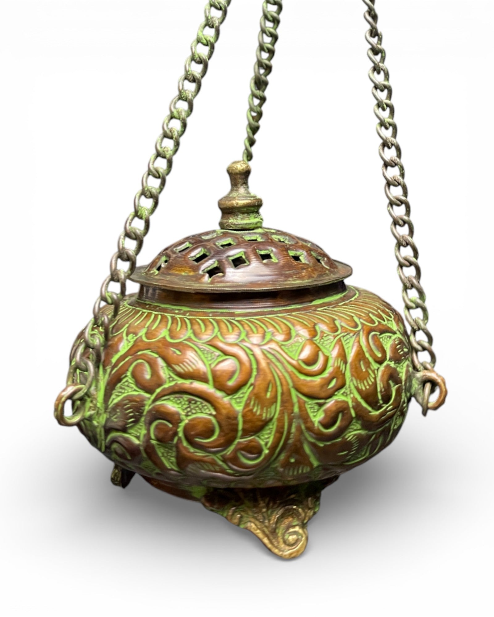 Tibetisches Räuchergefäss aus Kupfer mit Verzierungen, Kette & Deckel Haken grün