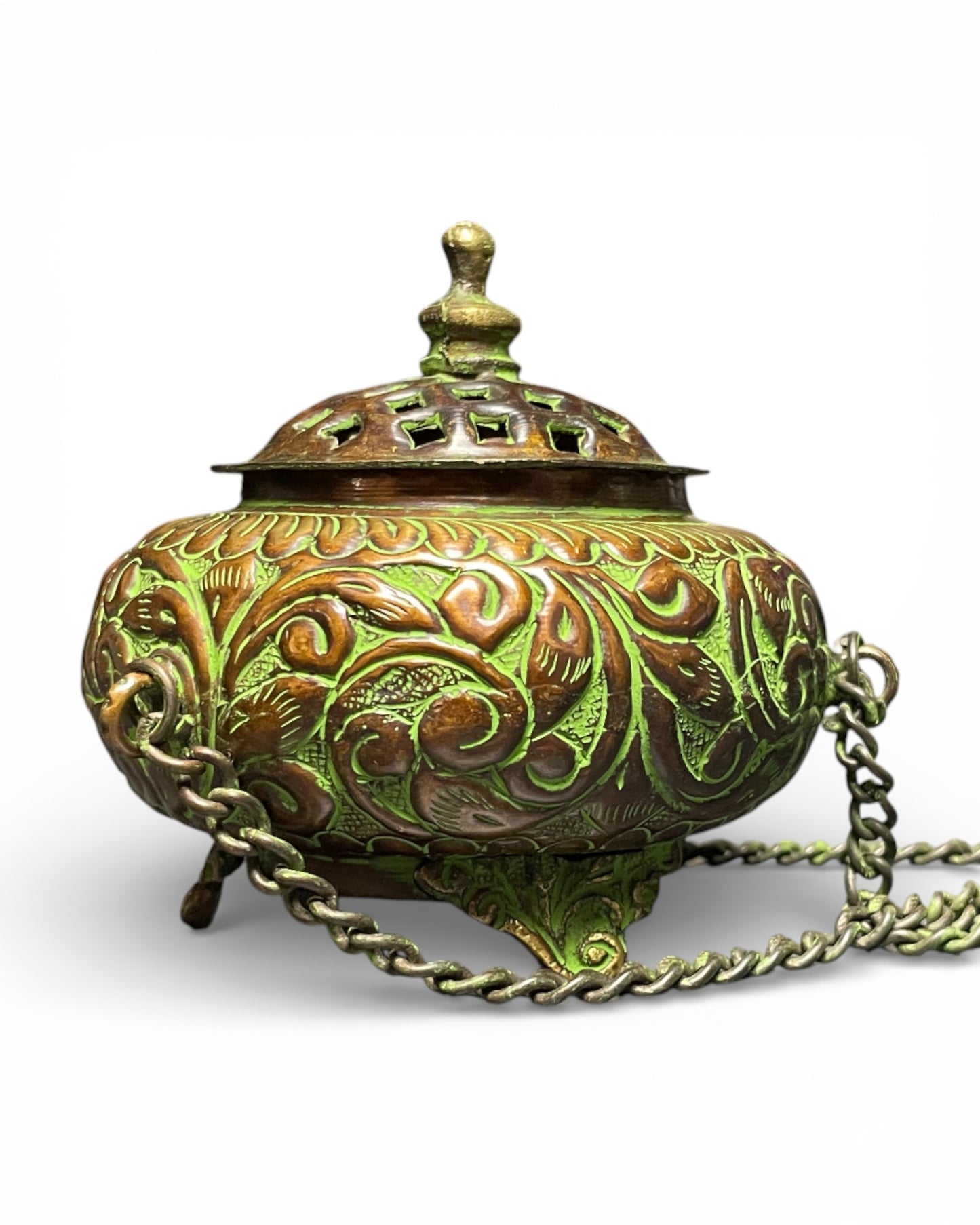 Tibetisches Räuchergefäss aus Kupfer mit Verzierungen, Kette & Deckel Muster