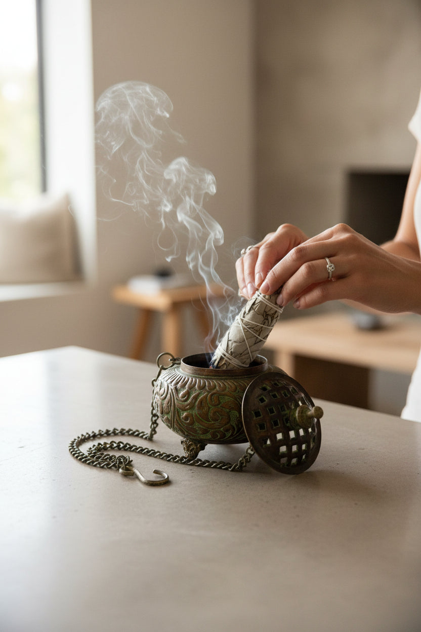 Tibetisches Räuchergefäss aus Kupfer mit Verzierungen, Kette & Deckel Muster Salbei