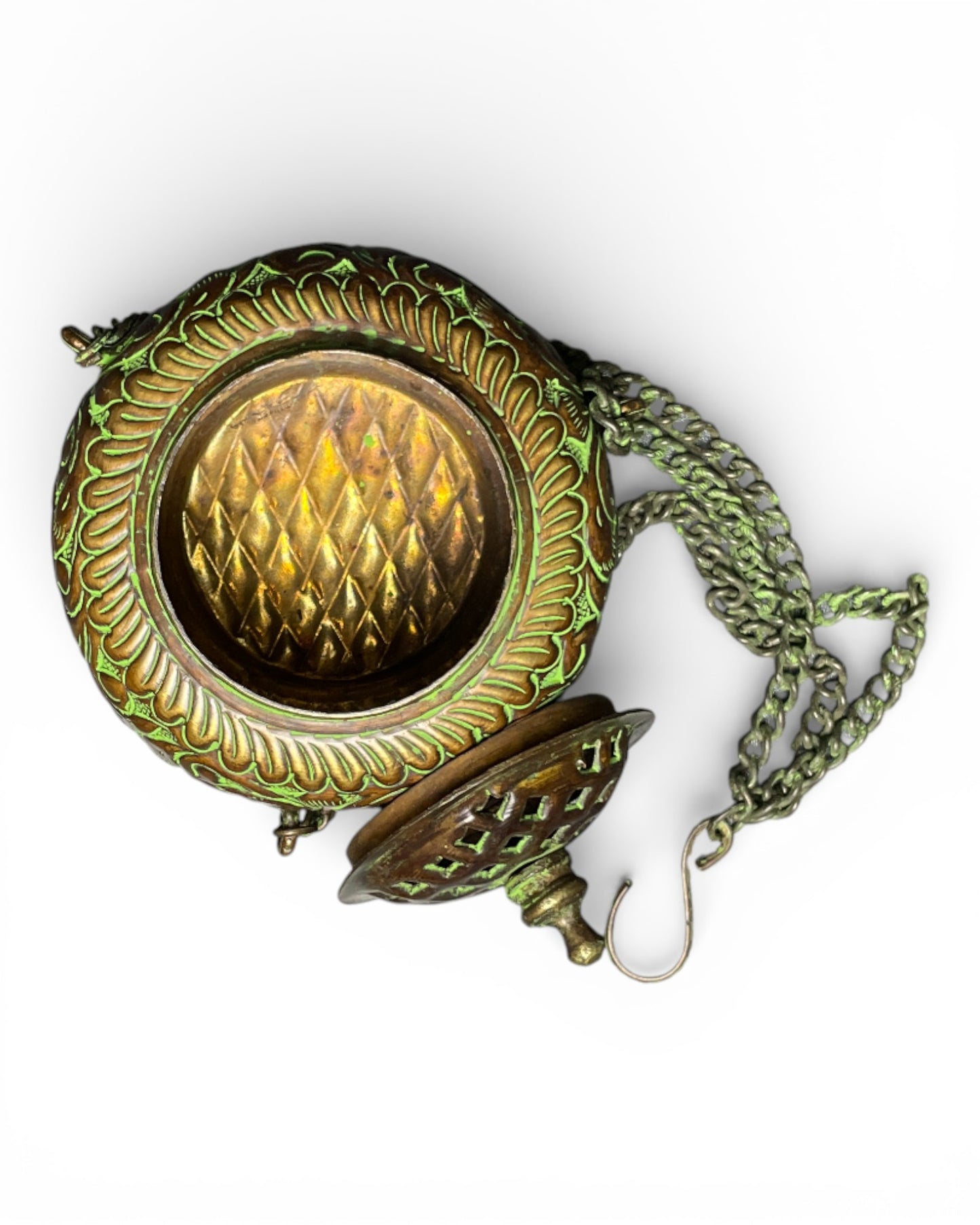 Tibetisches Räuchergefäss aus Kupfer mit Verzierungen, Kette & Deckel Muster innen