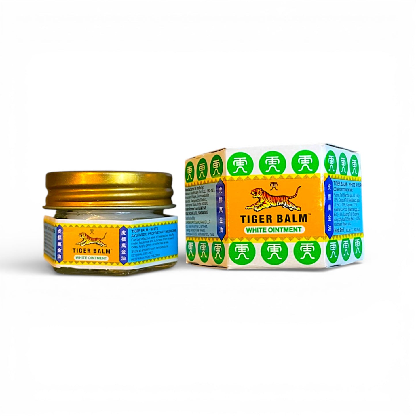 Tiger Balm White Original Weisser Tigerbalsam 9 ml Glas und Verpackung gegen Kopfschmerzen und Erkaeltung Himalaya Vibes Bern