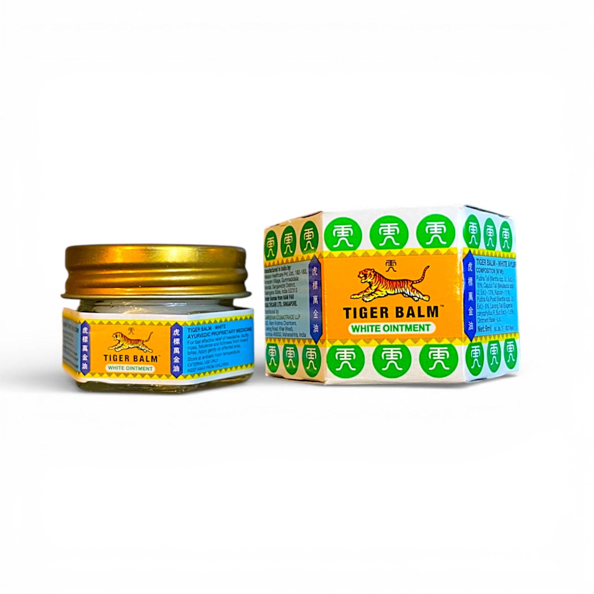 Tiger Balm White Original Weisser Tigerbalsam 9 ml Glas und Verpackung gegen Kopfschmerzen und Erkaeltung Himalaya Vibes Bern