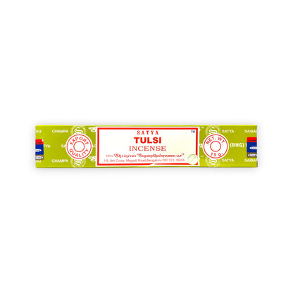 Tulsi Satya Original Räucherstäbchen 15g aus Indien – Beste Räucherstäbchen für Wohnung, Haus, Meditation und Rituale, mit Räucherstäbchenhalter
