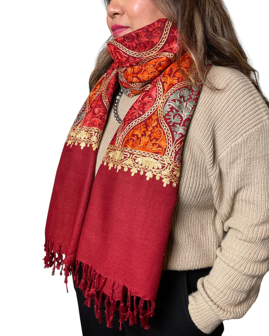 Velvet Ember Embroidery bestickter Schal Weinrot Baumwolle Viskose