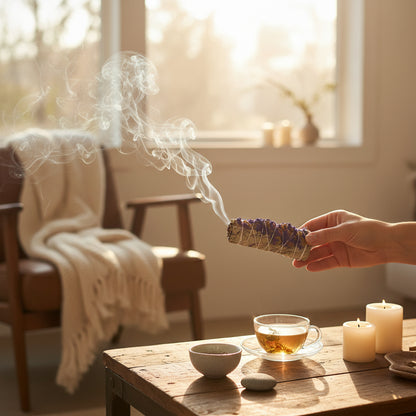Weisser Salbei Räucherbündel mit Lavendel ausgepackt – handgebunden, naturrein, zur energetischen Reinigung, Meditation, Chakra-Arbeit & bewussten Ritualen