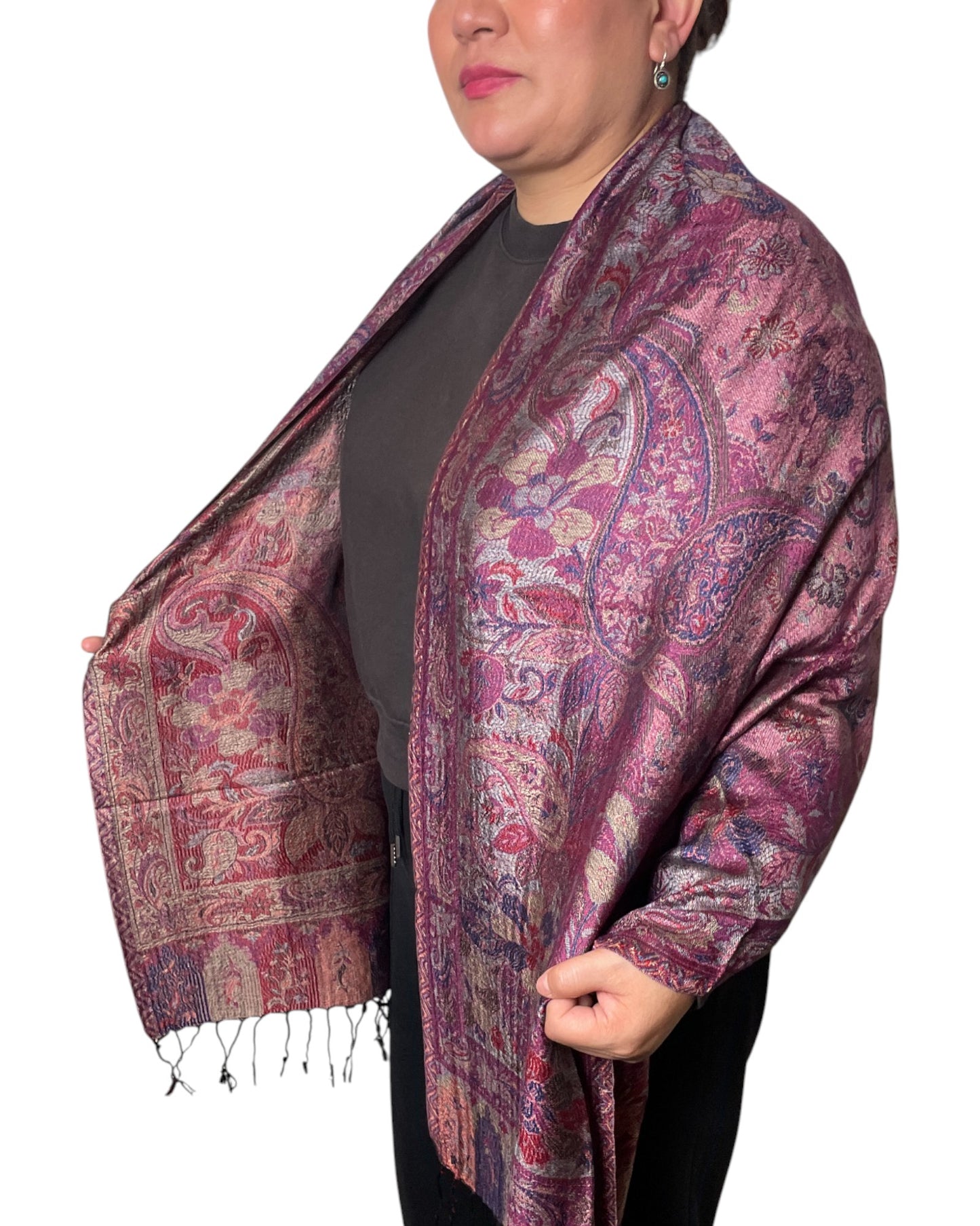 Wendeansicht: Paisley Wende Schal Beere Violett Silber