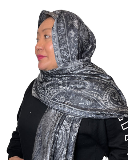 Wendedesign: Wende Paisley Schal Silber Schwarz Doubleface