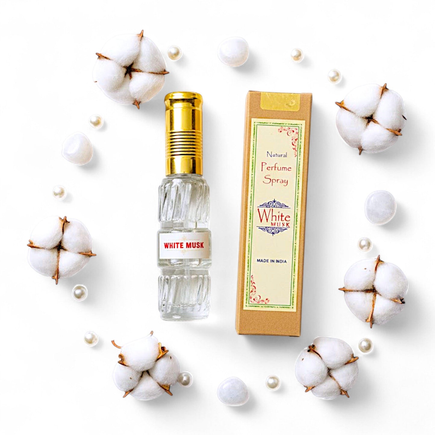 White Musk – Natuerliches Spray Parfuem 50 ml in Glasflasche mit Packung. Natuerlicher, alkoholfreier Duft, weich-holzig und leicht suesslich. Ideal fuer Handtasche oder Reise.