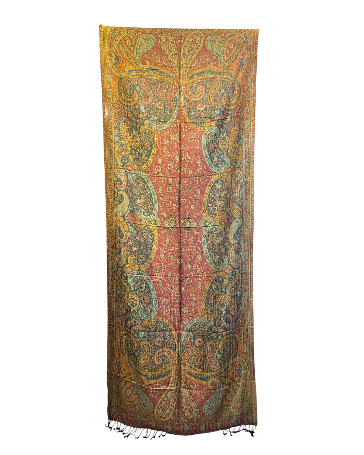 Paisley Schal Petrol mit Rostrot und Gold, Muster im Ganzen – Himalaya Vibes Bern