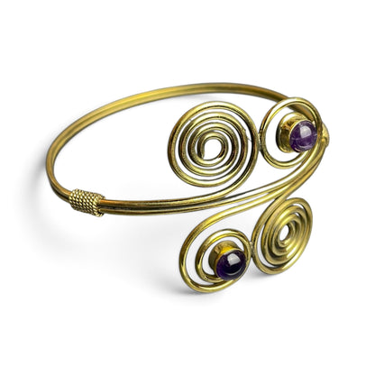 Quadruple Spiral Bangle with Amethyst – Brass, adjustable
