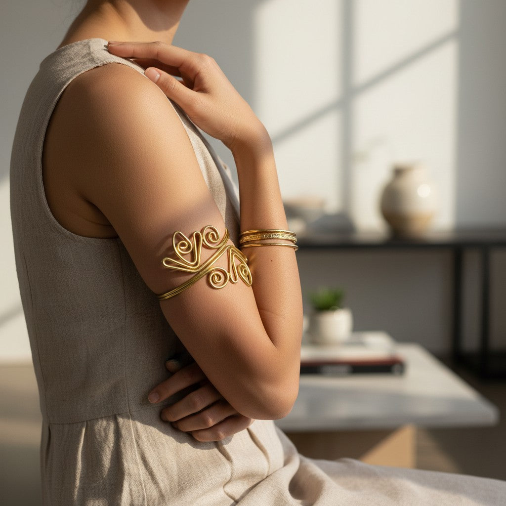 Goldfarbener Armreif mit filigranem Ornament am Oberarm getragen