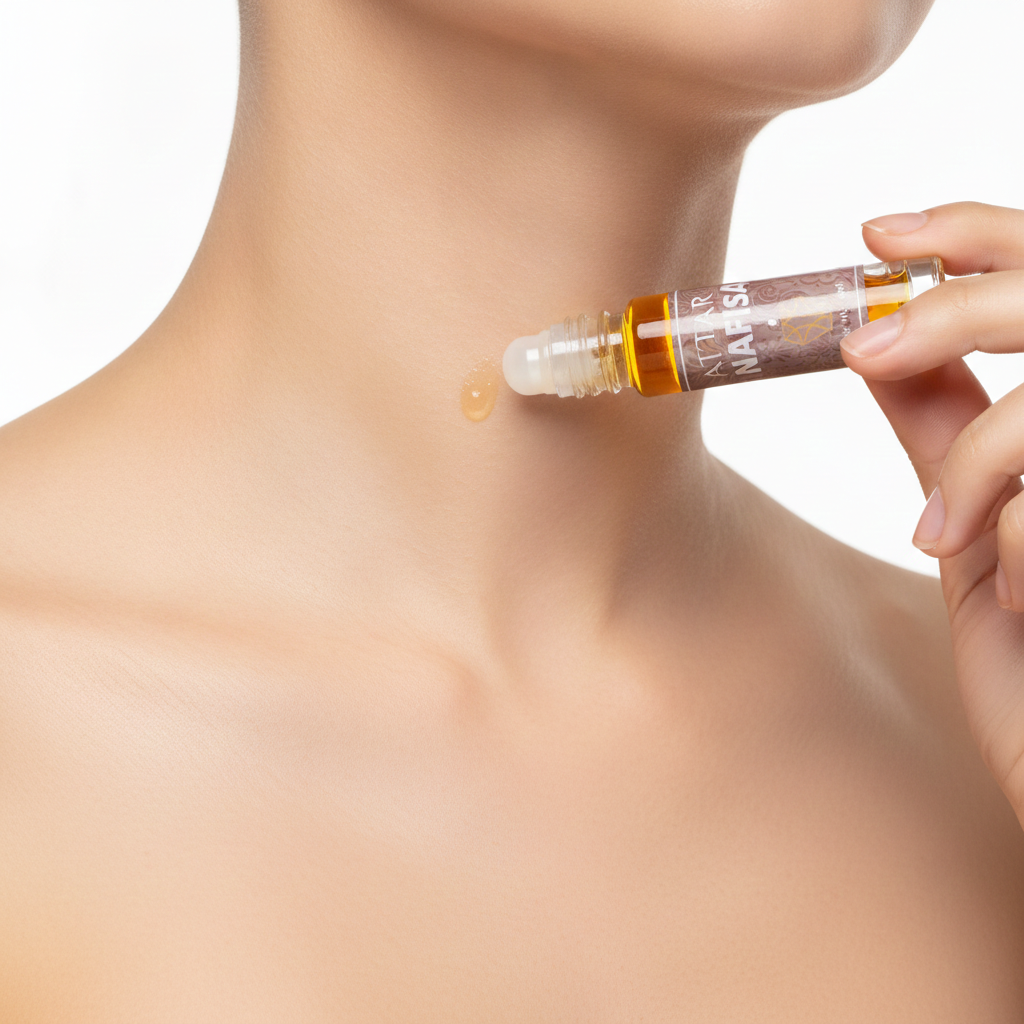 Attar Roll-On wird auf Hals aufgetragen – alkoholfreies Parfümöl von Himalaya Vibes