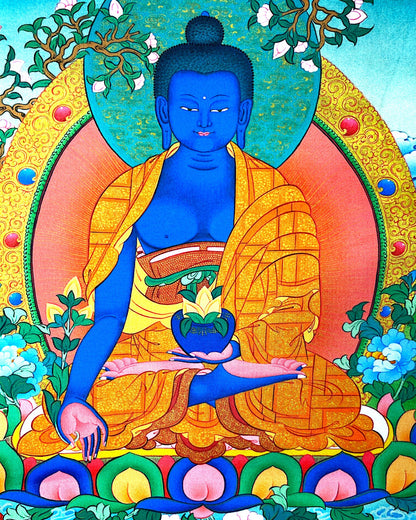 Detailreiche Nahaufnahme des Gesichts des blauen Medizin-Buddhas auf dem Seiden-Thangka.