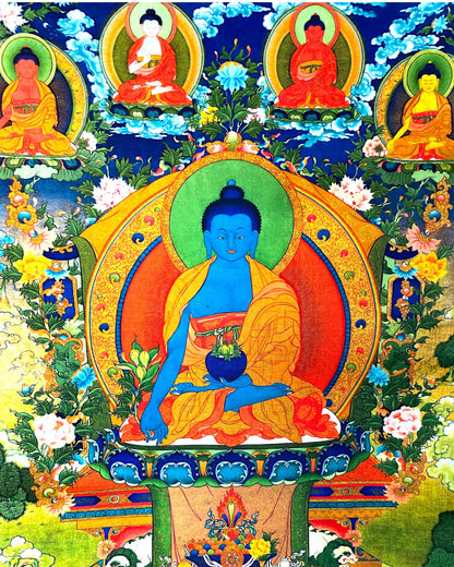 Zentrale Darstellung des blauen Heilungs-Buddhas (Sangye Menla) im tibetischen Stil.
