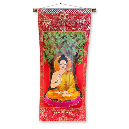 Large Buddha thangka scroll, 75x34 cm, full view with Bodhi tree and red hanging cord – Himalaya Vibes