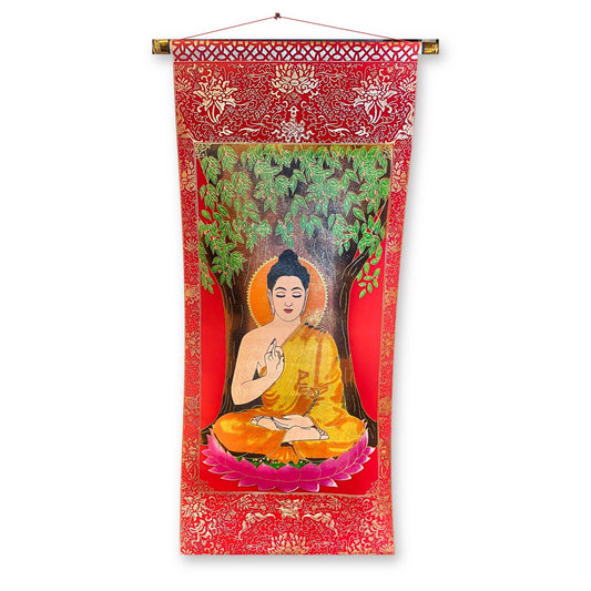 Rouleau thangka Bouddha grand format, 75x34 cm, vue d'ensemble avec arbre de la Bodhi et cordon rouge – Himalaya Vibes