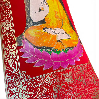 Detail der Lotusblüte und Buddha-Füsse auf dem Thangka Rollbild – Himalaya Vibes