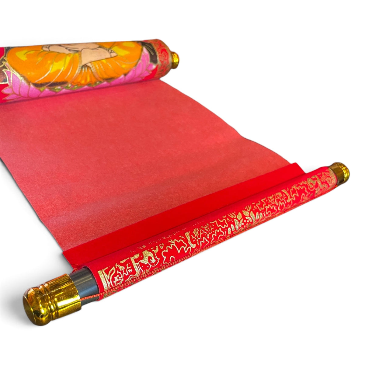 Buddha Thangka Rollbild, Detail Kunststoffstab mit Goldrand – Himalaya Vibes