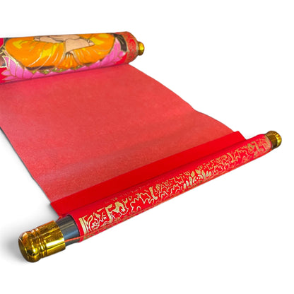 Buddha Thangka Rollbild, Detail Kunststoffstab mit Goldrand – Himalaya Vibes