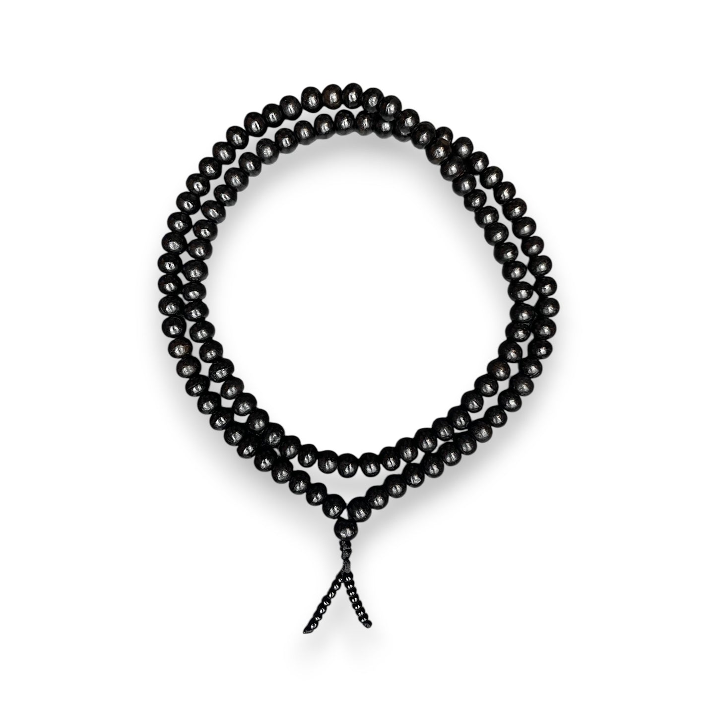 Ebenholz Mala 108 Perlen 6mm – schwarze Holz Mala Kette als Kreis gelegt, Himalaya Vibes Bern
