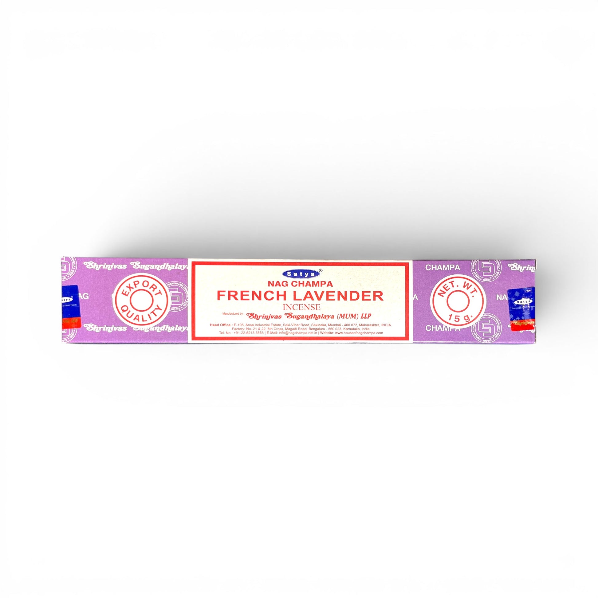 French Lavender – Satya Original Räucherstäbchen 15 g, lila Verpackung mit weissem Etikett und Export Quality Siegel, Shrinivas Sugandhalaya