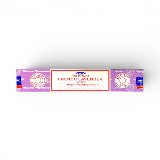 French Lavender – Satya Original Räucherstäbchen 15 g, lila Verpackung mit weissem Etikett und Export Quality Siegel, Shrinivas Sugandhalaya