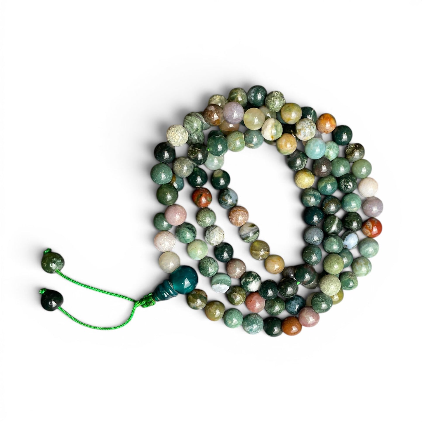 Indischer Achat Mala 108 Perlen 8mm gerollt – buntes Naturstein Einzelstück, Himalaya Vibes Bern
