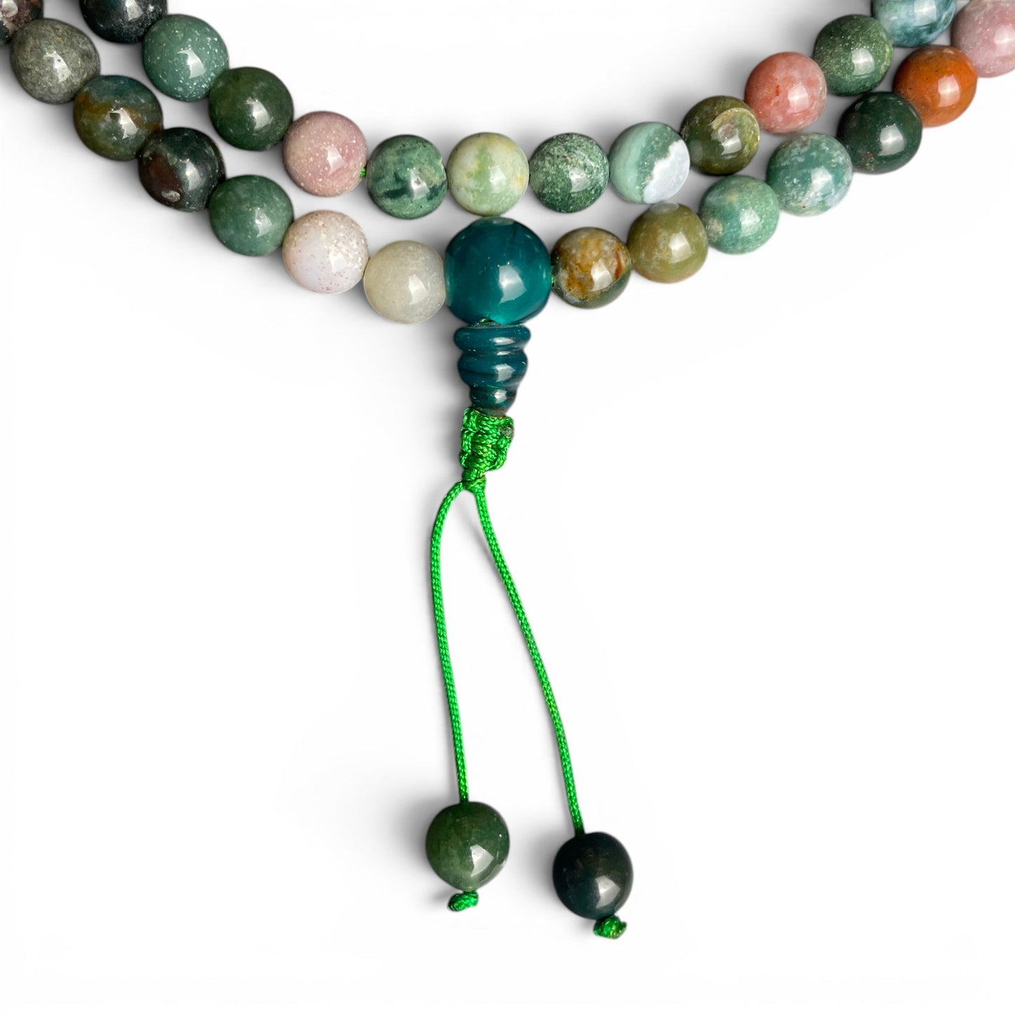Indischer Achat Mala Guru-Bead Detail – türkisfarbener Abschlussstein grüner Faden, Himalaya Vibes
