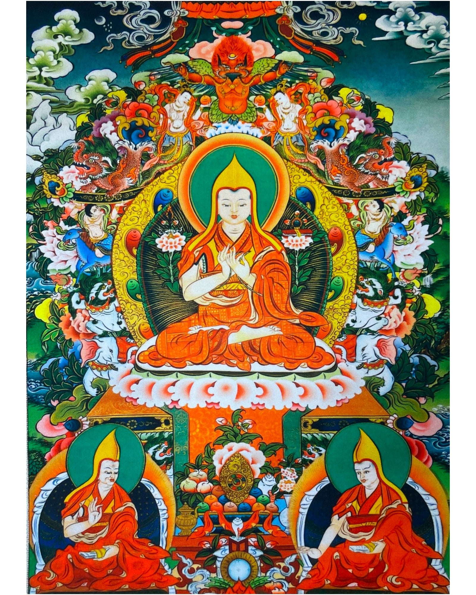 Detailaufnahme des zentralen Motivs von Je Tsongkhapa auf dem tibetischen Thangka – Tibet Laden Schweiz.