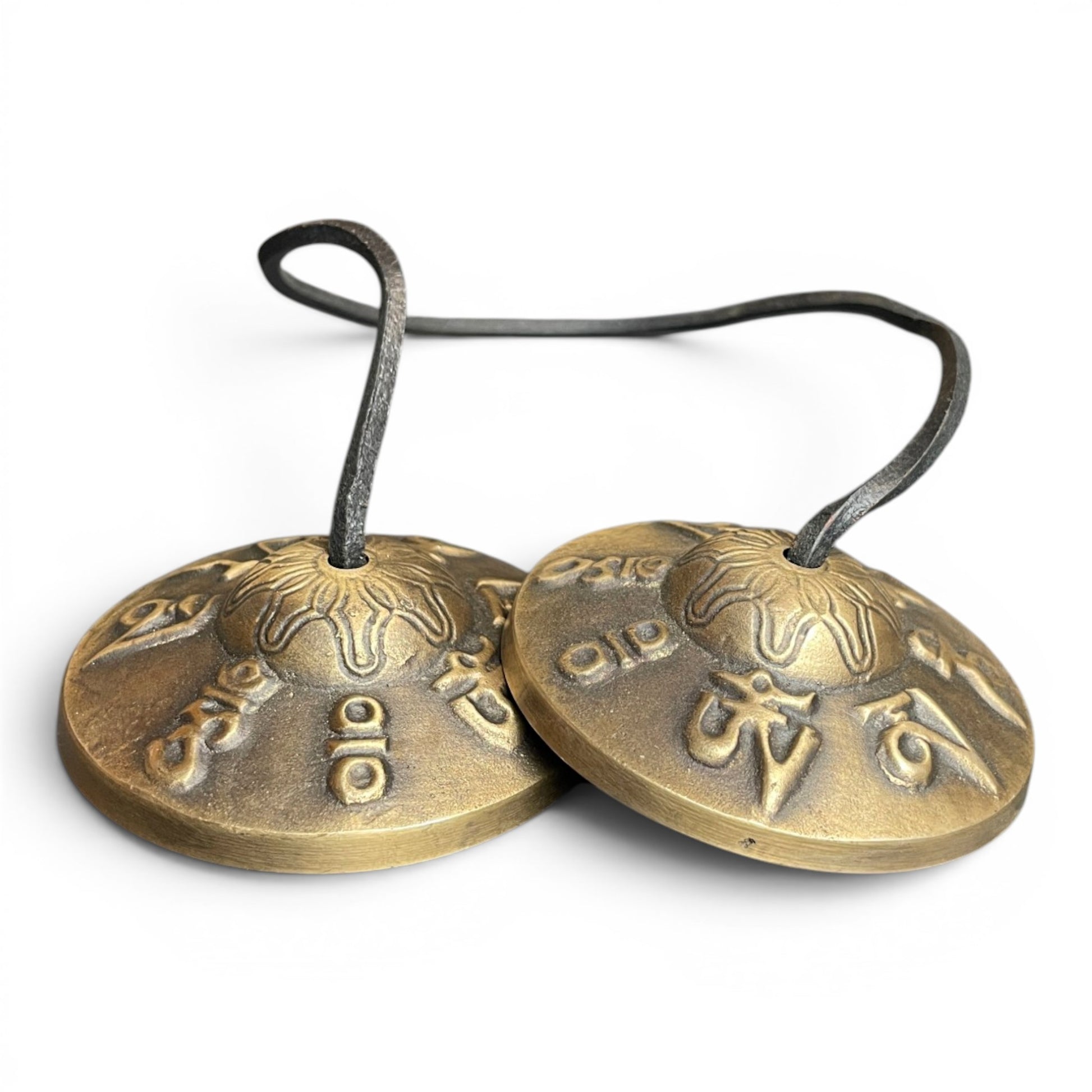Tibetische Mantra-Zimbeln Tingsha 8cm – Om Mani Padme Hum Dorje Seitenansicht Patina, Himalaya Vibes Bern
