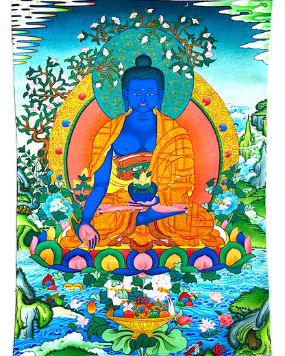 Vollständige Darstellung der Medizin-Buddha Malerei mit Goldakzenten und Lotus-Thron.