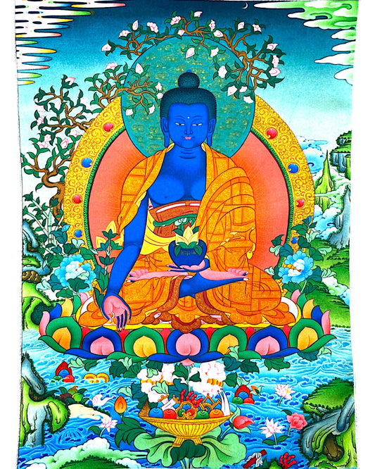 Vollständige Darstellung der Medizin-Buddha Malerei mit Goldakzenten und Lotus-Thron.