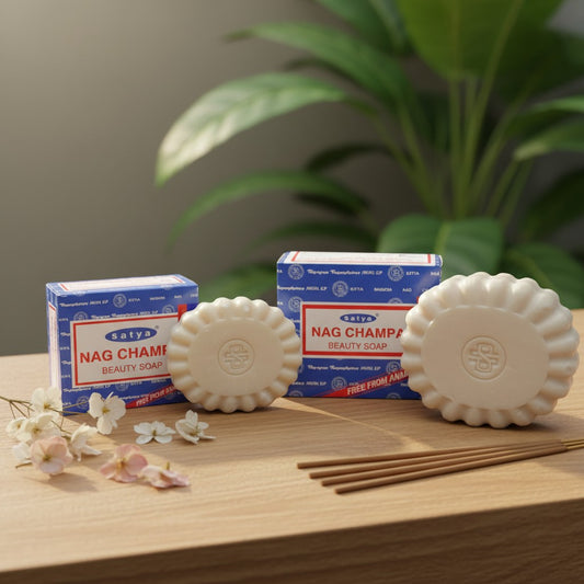 Nag Champa Seife dekorativ mit Räucherstäbchen und Blüten arrangiert – Himalaya Vibes Bern