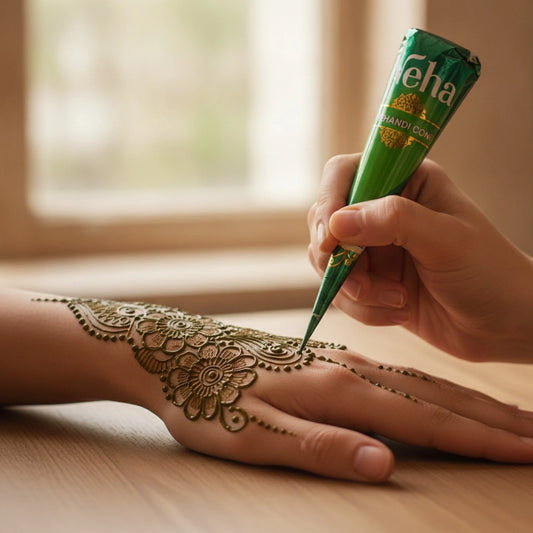 Neha Henna Mehandi Paste Cone Natural Brown – grüne Tube in Gebrauch, Mehndi-Design auf Haut