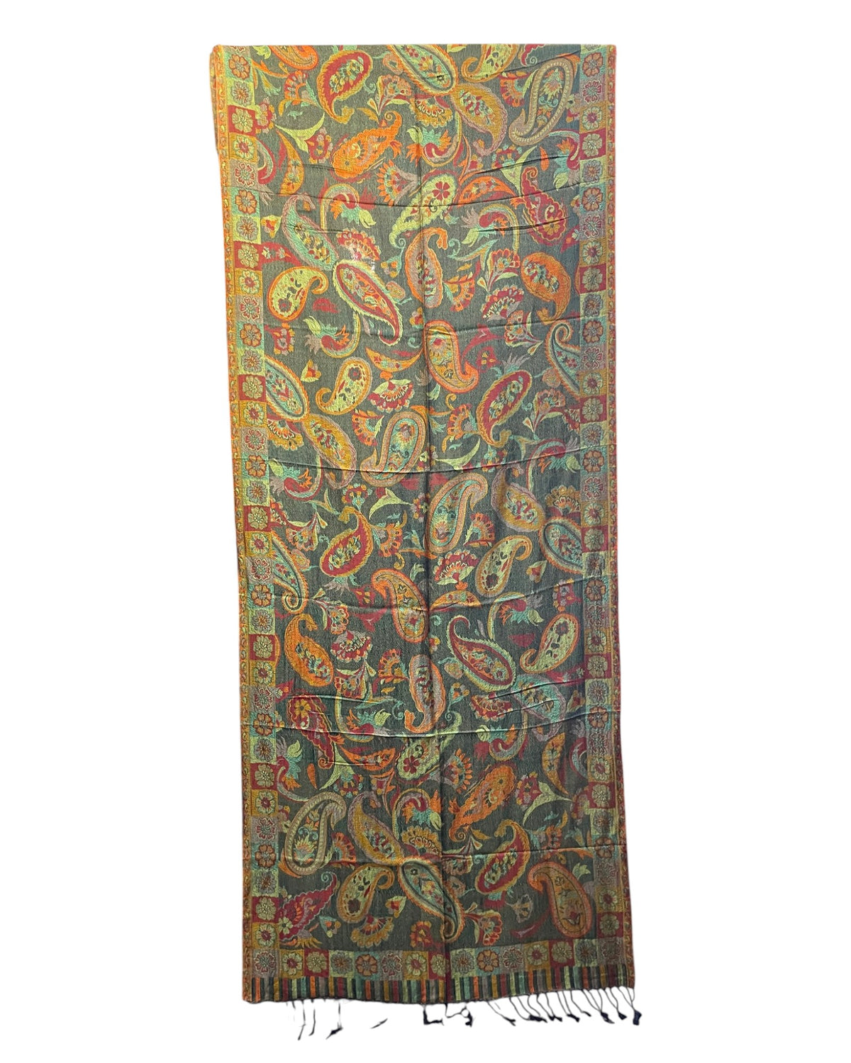 Paisley Schal Olivgrün mit Orange und Bordeaux, Muster im Ganzen – Himalaya Vibes Bern