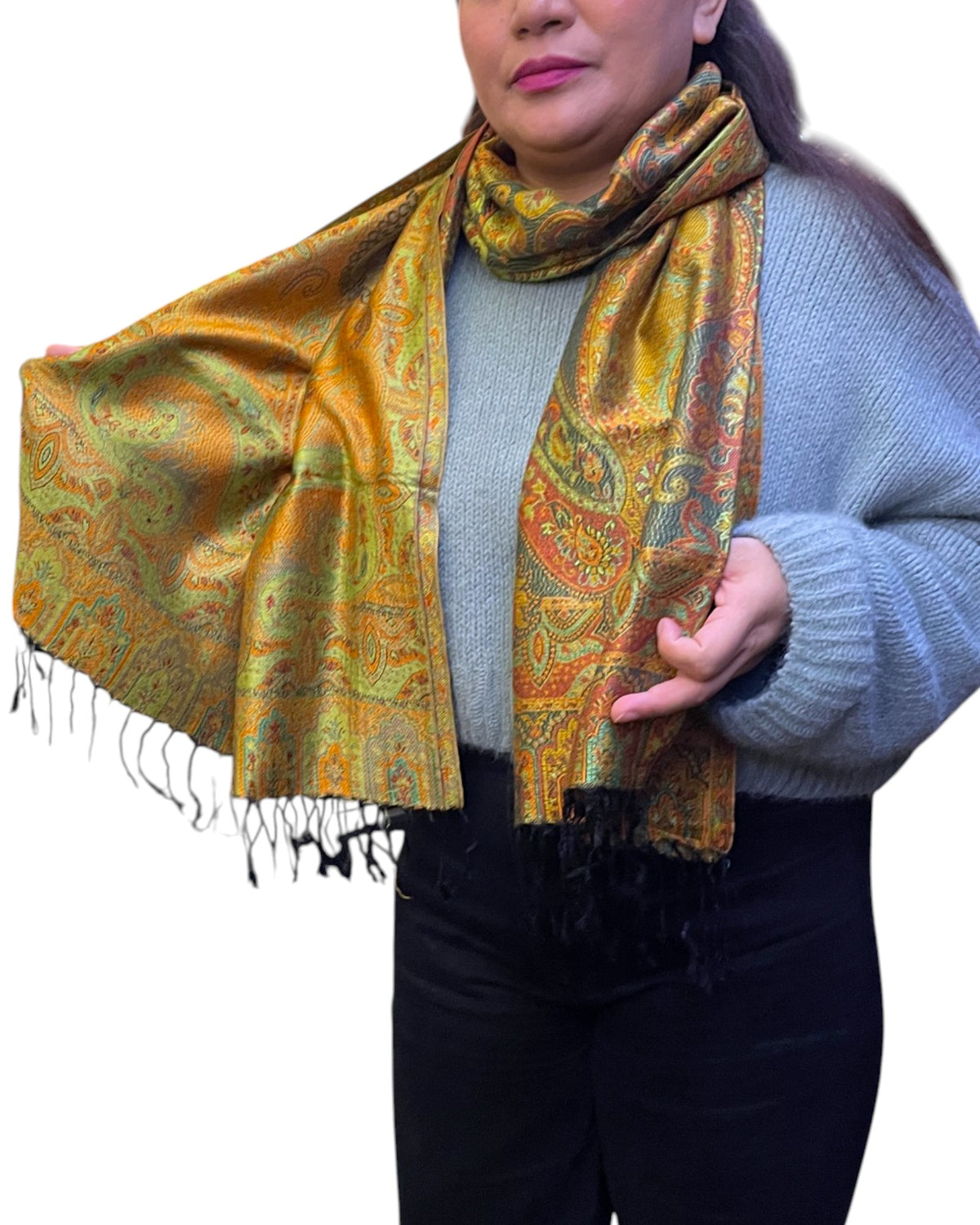 Olive Saffron Bloom Wende-Schal, beidseitig tragbar – Himalaya Vibes Bern