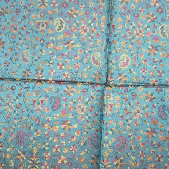 Original Jacquard Schal aus Indien in Türkis mit Paisley- und Blumenmuster. Wendbarer Leinen-Seide-Schal, luxuriöse Unisex Stola für alle Jahreszeiten. Video