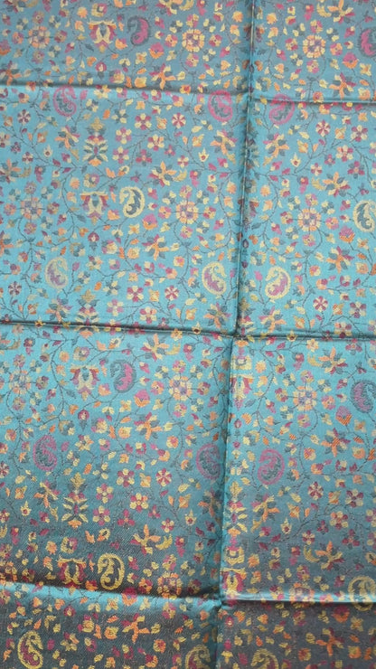 Original Jacquard Schal aus Indien in Türkis mit Paisley- und Blumenmuster. Wendbarer Leinen-Seide-Schal, luxuriöse Unisex Stola für alle Jahreszeiten. Video