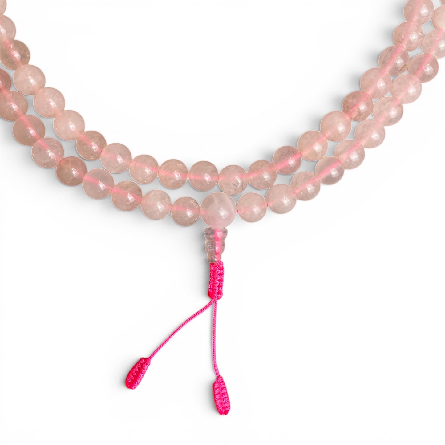 Rosenquarz Mala Guru-Bead Detail – pinker Faden Endknoten, Naturstein Mala Bern

