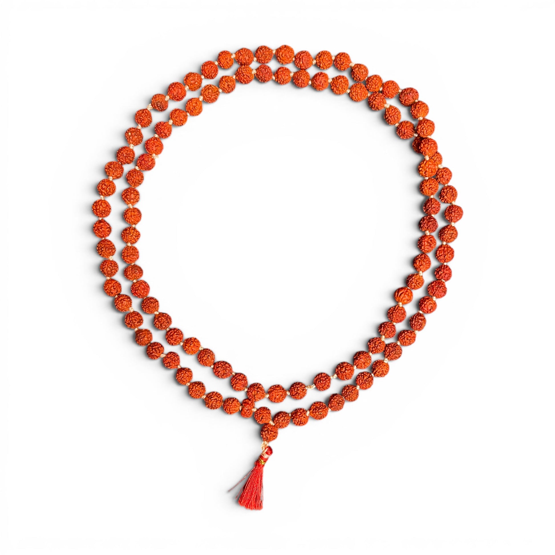Rudraksha Mala mit 108 Perlen und rotem Seidentassel – 6mm, handgefädelt, Himalaya Vibes Bern