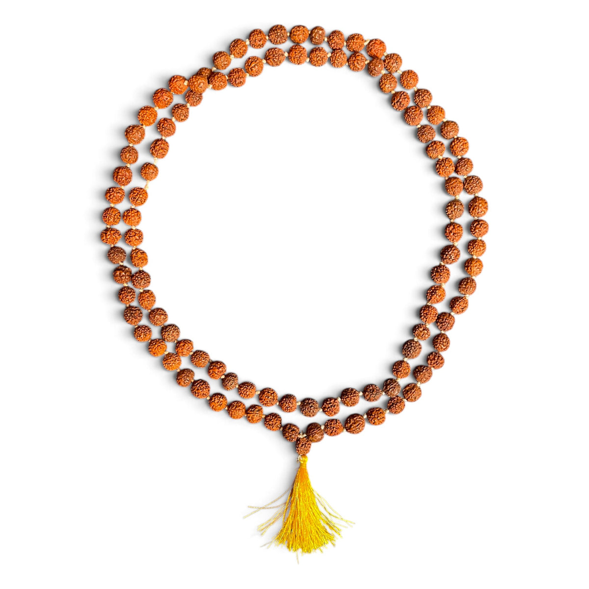 Rudraksha Mala mit 108 Perlen (⌀ 11 mm) und goldgelber Seidenquaste – Himalaya Vibes Bern