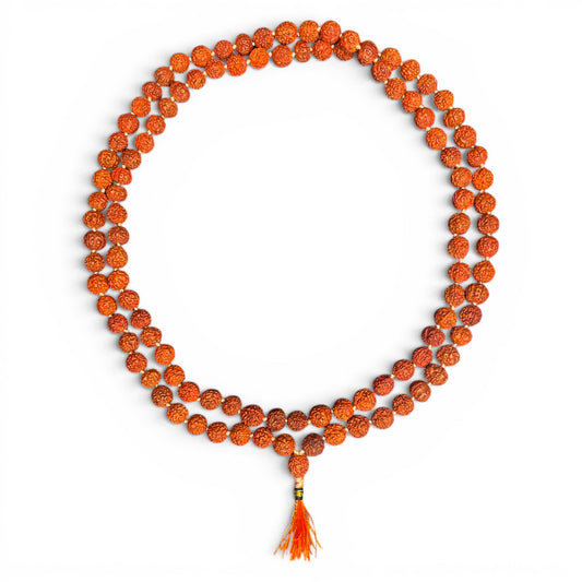 Rudraksha Mala Gross 108 Perlen 9mm – vollständige Ansicht mit orangem Seidenquast – Himalaya Vibes Bern