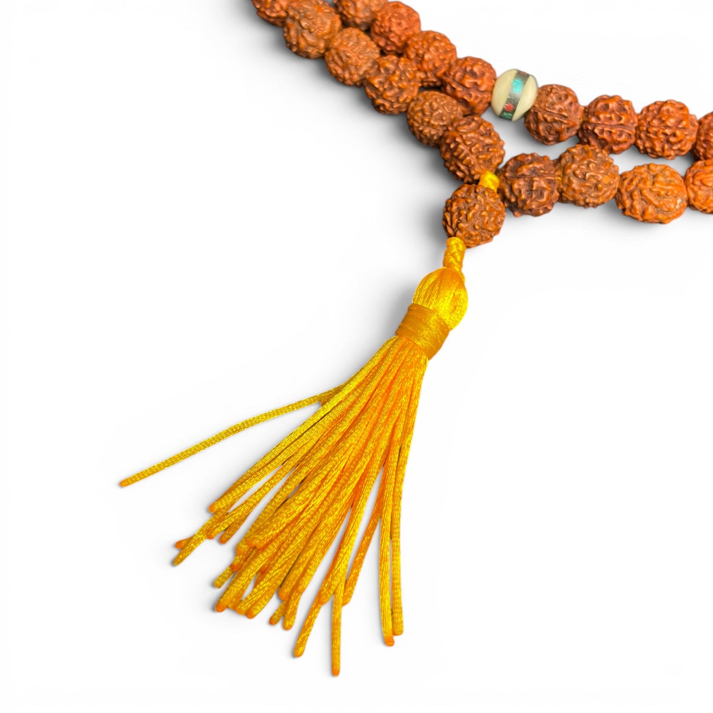 Rudraksha Mala Guru-Bead mit goldgelbem Seidenquast – Einzelstück Mala kaufen Schweiz

