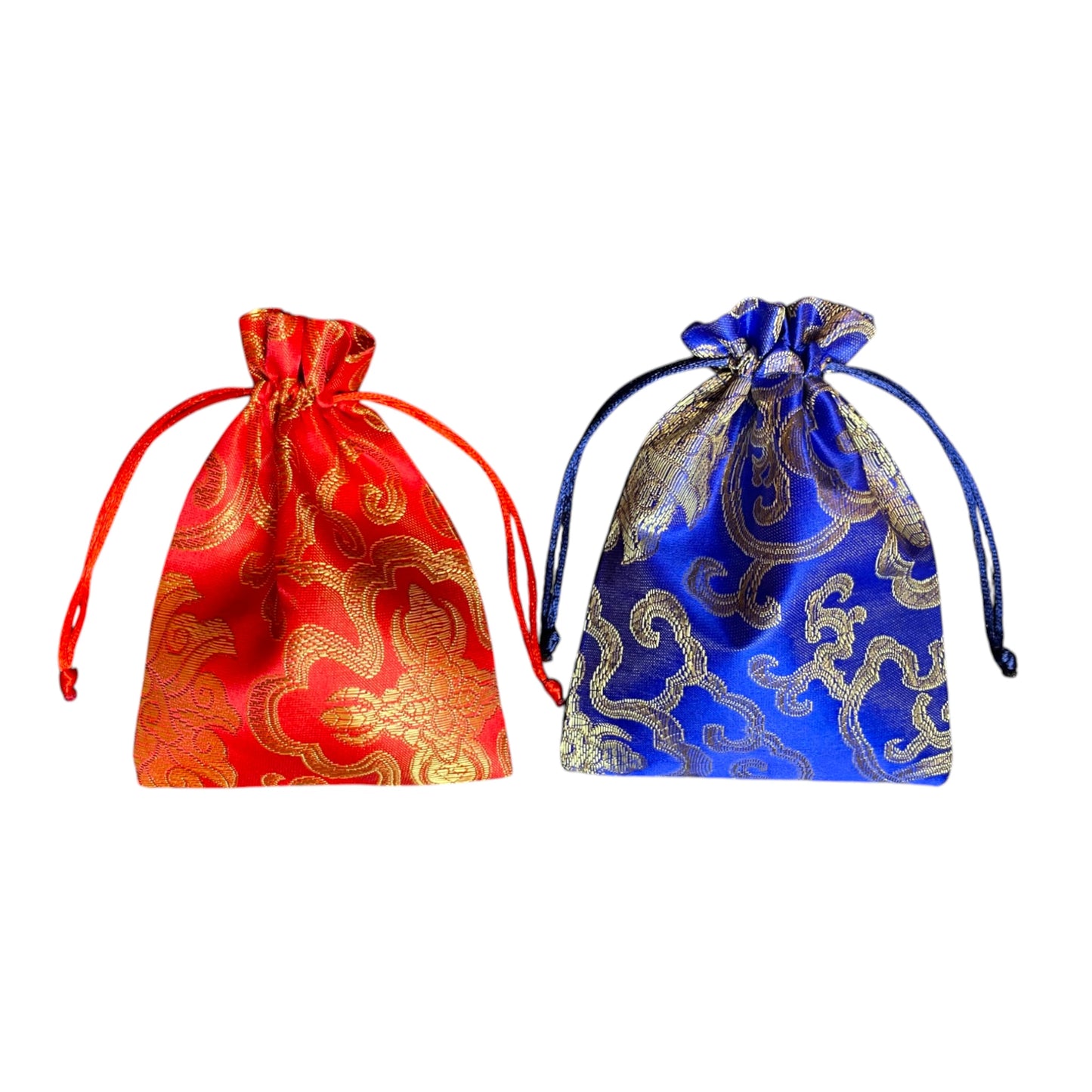Seidenbrokat-Beutel in Rot und Blau mit Goldmuster – Verpackung für Rudraksha Mala, Himalaya Vibes Ber