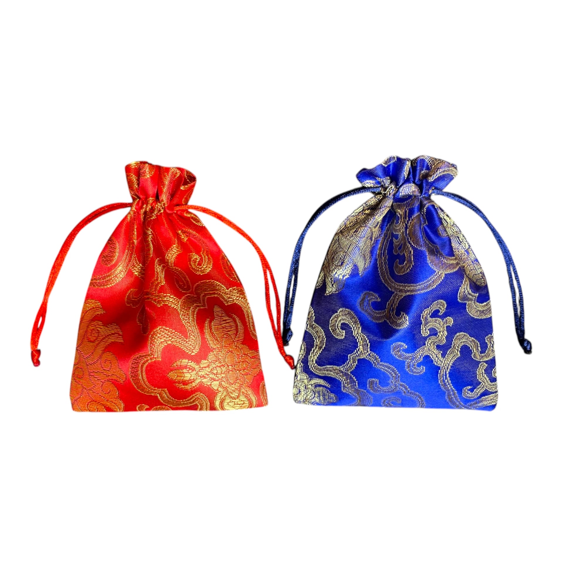 Seidenbrokat-Beutel in Rot und Blau mit Goldmuster – Verpackung für Rudraksha Mala, Himalaya Vibes Ber