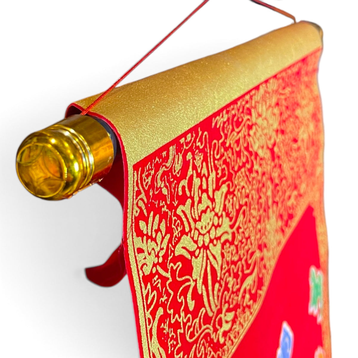 Tara Thangka Rollbild, Detail Kunststoffstab mit Goldrand – Himalaya Vibes