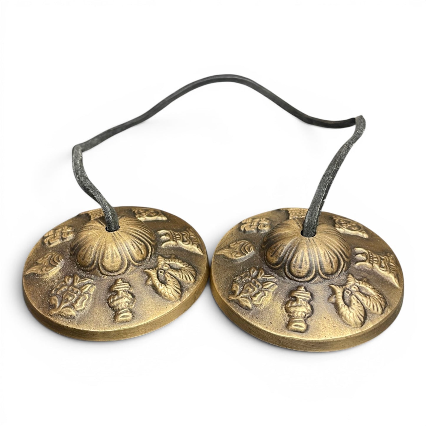 Tibetische Tashi-Zimbeln Tingsha 8cm – acht Glückssymbole Seitenansicht, Himalaya Vibes Bern
