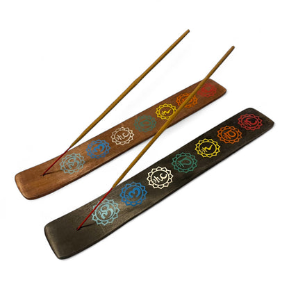 Räucherstäbchenhalter Chakras – Handbedruckt, Schwarz/Braun Holz-Design