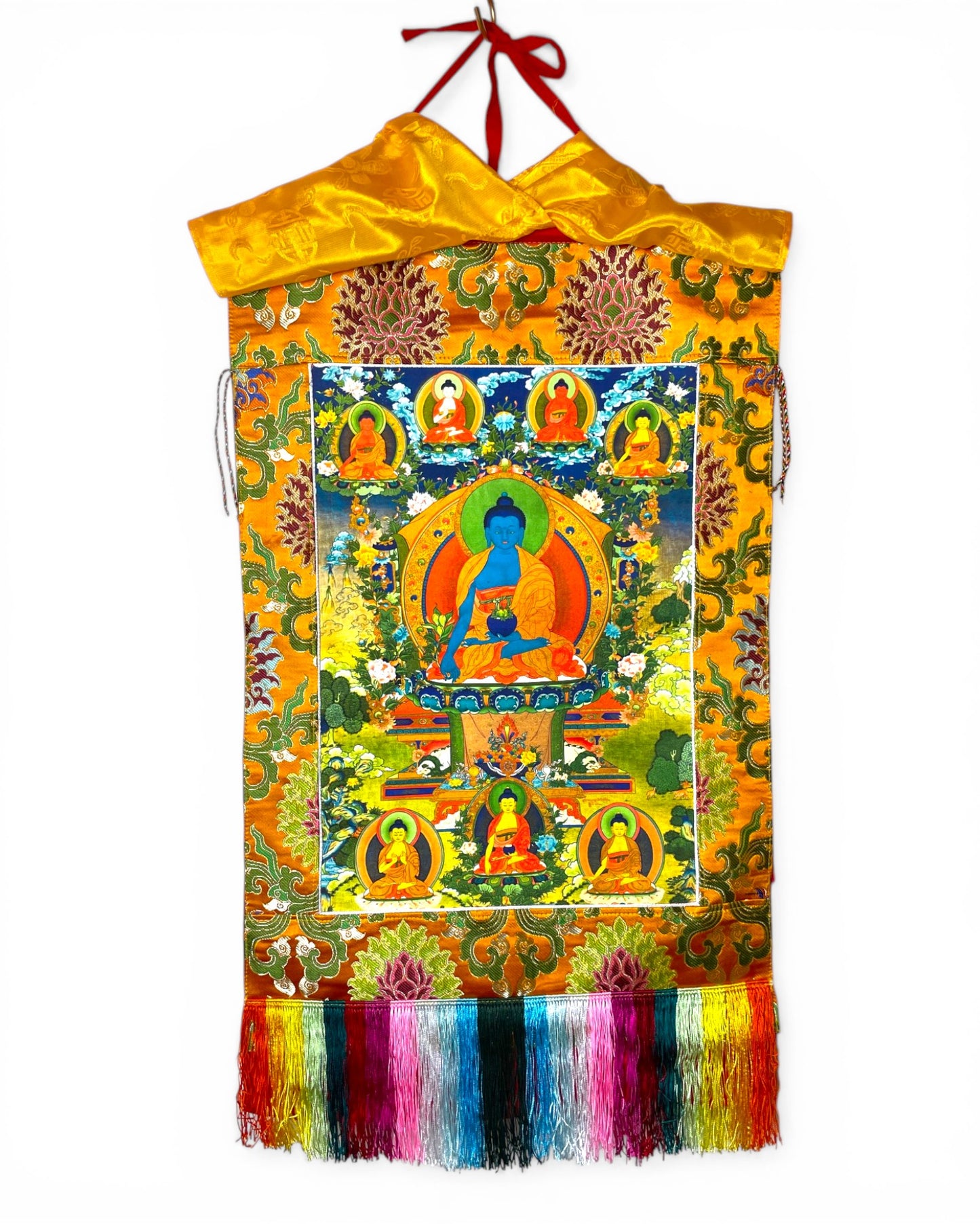 Tibetisches Thangka mit Medizin-Buddha auf Leinwand mit edlem Seidenbrokat-Rahmen.