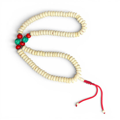 Yak-Knochen Mala mit 108 Perlen, echtem Türkis und roten Holzperlen, 10 mm, traditionelle Gebetskette aus dem Himalaya
